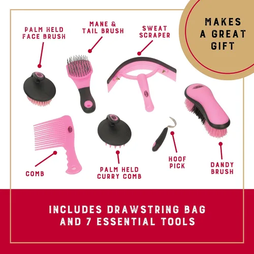 Vista 4 de Kit de aseo para caballos de cuero Weaver, juego de cepillos de 7 piezas con bolsa organizadora, cuidado equino, equipo de habitación para pistas