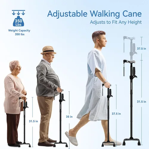 Vista 5 de [Usado] Bastón de caminar para mujeres/hombres con segundo mango, plegable y ajustable con base de 4 puntas para estar de pie, ayuda ligera