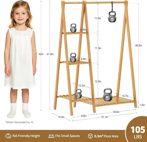 Vista 2 de Percheros pequeños para ropa, perchero para colgar ropa de niños, perchero de madera de bambú con estantes, estante de esquina independiente