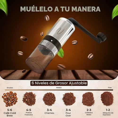 Vista 5 de Molinillo de café manual – Molinillo manual de grano de café con manivela, 6 ajustes de molienda para expreso, prensa francesa y vertido – Molinillo