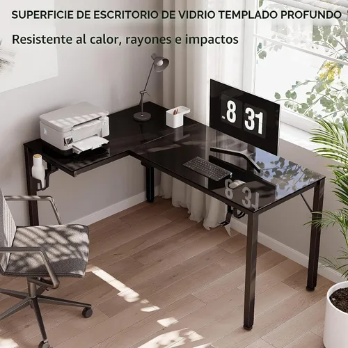 Vista 8 de EUREKA ERGONOMIC Escritorio de Juegos en Forma de L Reversible de 60 Pulgadas de Vidrio Negro con Luces LED RGB, Mesa de Computadora para Oficina