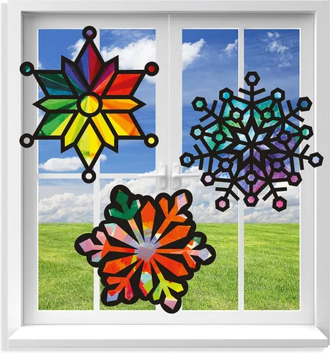 Vista 9 de Kit de atrapasueños de VHALE 3 juegos (9 recortes) con papeles de seda, efecto de vidrio manchado, kit de atrapasueños de papel, arte para ventanas