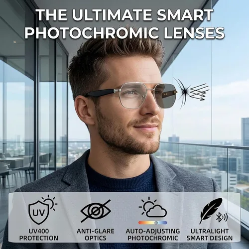 Vista 2 de Gafas inteligentes con Bluetooth 5.4 Gafas de sol polarizadas para lectura Lente fotocromática Bluetooth con control de voz táctil