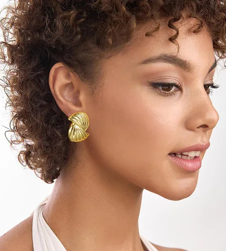 Vista 3 de Aretes gruesos de oro vintage, con concha dorada, geométricos, hipoalergénicos, joyería para mujer, regalos para ella