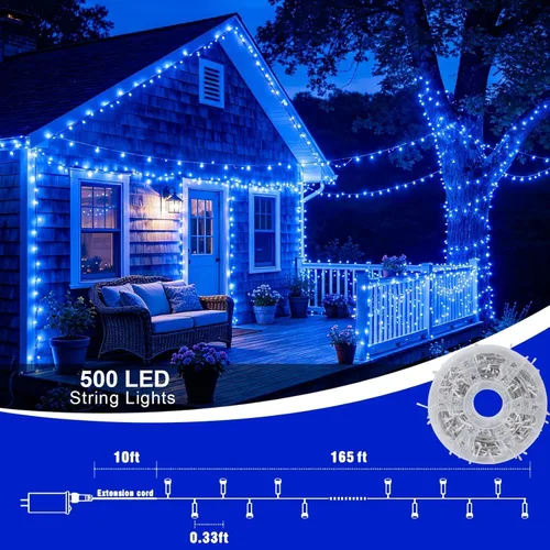 Vista 2 de Guirnalda de 1000 luces LED azules, luces de Navidad de 328 pies para exteriores, impermeables, con enchufe, alambre transparente, luces de árbol