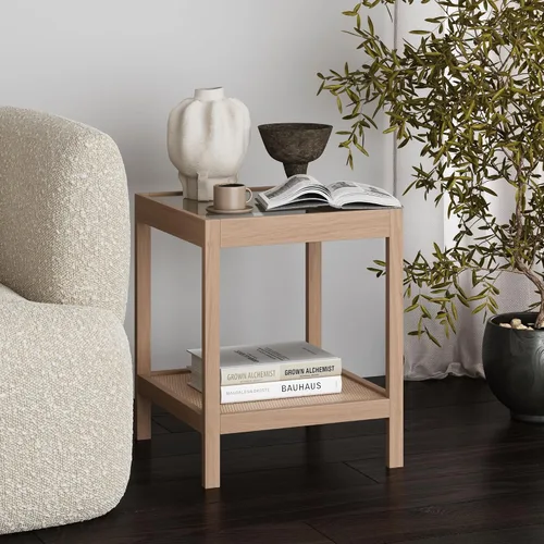 Vista 12 de Nathan James Sonia - Mesa auxiliar redonda de estilo boho, mesa lateral natural para sofá en madera clara con estante de almacenamiento de ratán