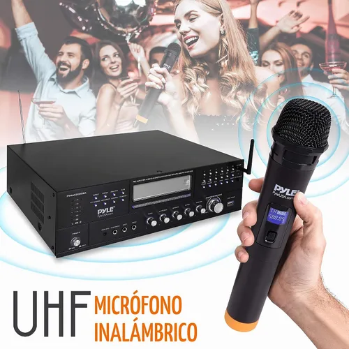 Vista 4 de Pyle Sistema amplificador de micrófono inalámbrico de 4 canales, receptor estéreo de audio para el hogar con reproductor de CD/DVD, micrófonos UHF