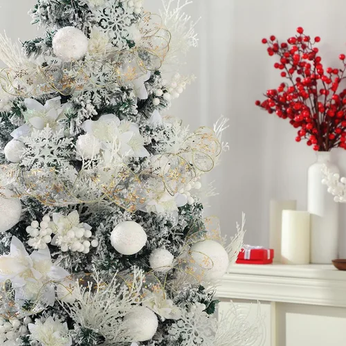 Vista 4 de Moucuny Set de 68 Piezas de Adornos para Árbol de Navidad, Adorno de Bola de Árbol de Navidad con Purpurina Inastillable, Flores de Pascua, Cinta