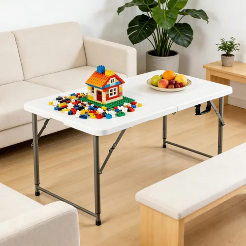 Vista 2 de Mesa plegable de 4 pies, mesa de plástico portátil de 3 niveles de altura ajustable con asa de transporte, mesa de campamento plegable