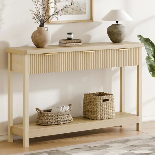Vista 9 de Lulive Mesa Consola Acanalada de 51" para Entrada, Mesa de Entrada con 3 Cajones de Madera, Mesa Estilo Granja Detrás del Sofá para Sala de Estar