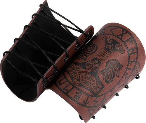 Vista 5 de HiiFeuer Brazalete de brazo vikingo, con símbolo nórdico en relieve, armadura de brazo de piel sintética, pulsera de brazo medieval de piel