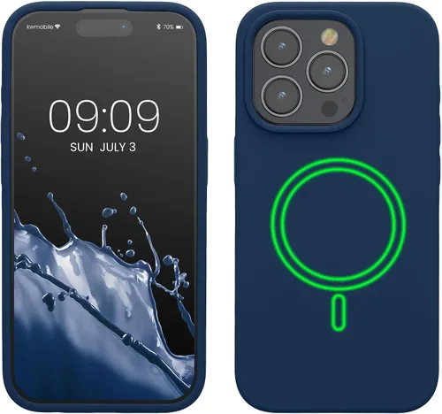 Vista 12 de kwmobile Funda de silicona TPU compatible con Apple iPhone 14 Pro, funda magnética, compatible con MagSafe, color azul marino
