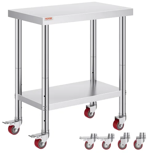 Vista 17 de Vevor Mesa de trabajo de acero inoxidable con ruedas de 24 x 12 x 32 pulgadas, mesa de preparación con 4 ruedas, mesa de trabajo resistente
