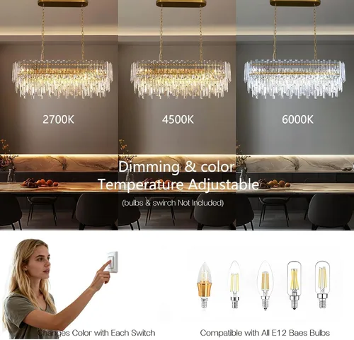 Vista 8 de L37.4 '' Candelabros de cristal modernos para comedor 11 luces de lujo rectangular de lujo dorado ovalado cristal colgante lámpara de techo