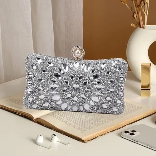 Vista 6 de Bolso de noche de diamantes de imitación para mujer, bolso de mano multicolor de lujo, bolso de boda nupcial