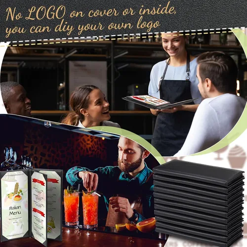 Vista 5 de Jexine Fundas negras de menú impermeables para restaurante, cafetería, bar, de piel sintética, libro de menú de 4 pliegues con esquinas en ángulo