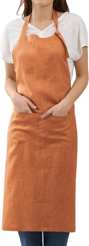 Vista 10 de Amazhiyu Delantal de cocina de lino puro con bolsillos para mujeres y hombres, cocinero, barbacoa, manualidades