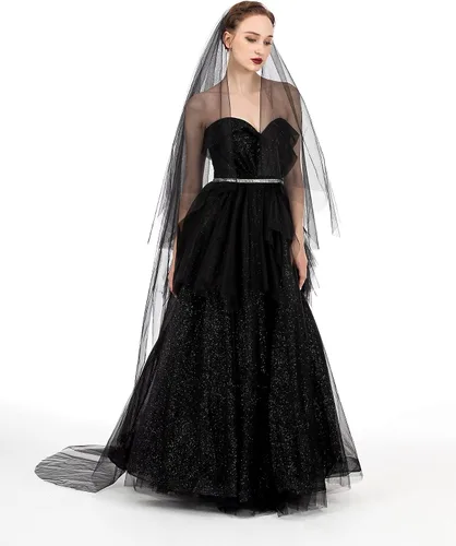 Vista 4 de PAMOR Velo de encaje negro creativo catedral tul transparente boda Halloween velo para novia con peine de metal cosido a mano