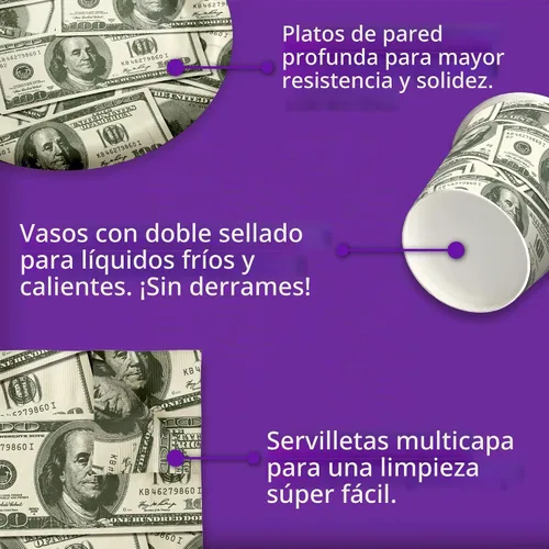 Vista 5 de Dinero $100 Dollar Billetes Fiesta de Cumpleaños Suministros Set Platos Servilletas Tazas Vajilla Kit para 16