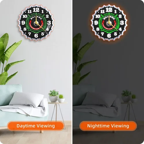 Vista 3 de Reloj de pared de neón, 12 pulgadas con gráficos de billar 8 bolas de billar, impresionante efecto de brillo 3D, silencioso sin tictac, para sala