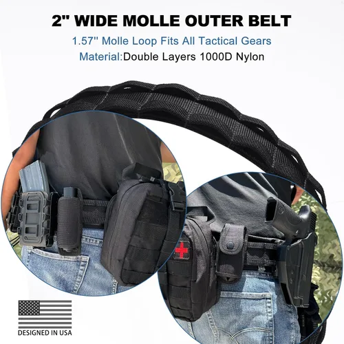 Vista 3 de WarBull Cinturón táctico de batalla Molle, cinturón de pistola de liberación rápida de 2'' con bloqueo seguro, cinturón interior EDC de 1.57