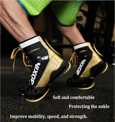 Vista 4 de Zapatos de boxeo profesionales para hombres y mujeres, transpirables, zapatos de entrenamiento para adultos, antideslizantes, para fitness