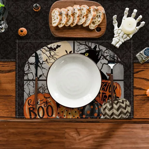 Vista 2 de Artoid Mode Boo - Juego de 4 manteles individuales de Halloween con diseño de calabazas de gato negro, 12 x 18 pulgadas, para decoración de fiestas