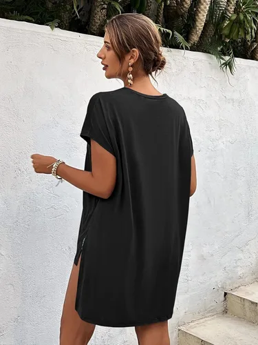 Vista 6 de FSHAOES Camisetas de verano con cuello en V para mujer, manga casquillo, camisetas de gran tamaño, ajuste holgado