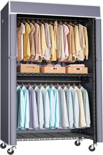 Vista 10 de FUTASSI Perchero para ropa con cubierta, armarios rodantes P1C con ruedas, perchero de metal para colgar ropa, armario de almacenamiento de ropa