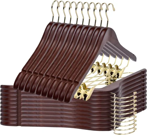 Vista 12 de Perchas de madera de calidad para faldas con clips, paquete de 10 perchas lisas de madera maciza para pantalones con clips de metal ajustables