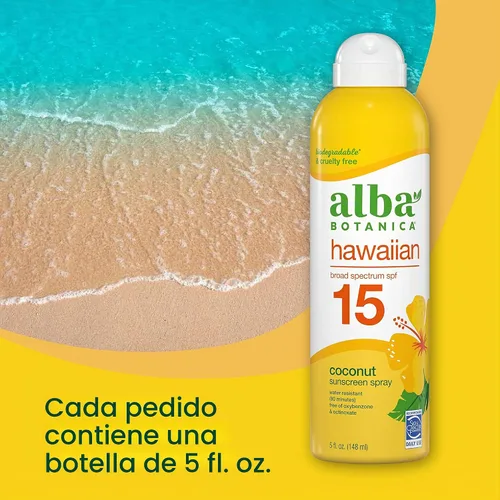 Vista 4 de Alba Botanica - Aerosol de protector solar para cara y cuerpo, protector solar de amplio espectro SPF 15, coco hawaiano, resistente al agua