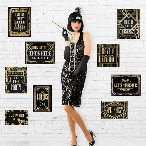Vista 4 de 9 piezas de decoraciones de fiesta de los años 20 en negro y dorado retro para fiesta de jazz de los años veinte, kit de decoración para fiestas