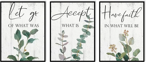 Vista 11 de 1 KINGO Arte de pared de oficina con citas inspiradoras: Let Go Accept Have Faith 3 piezas motivacionales pósteres motivacionales de eucalipto