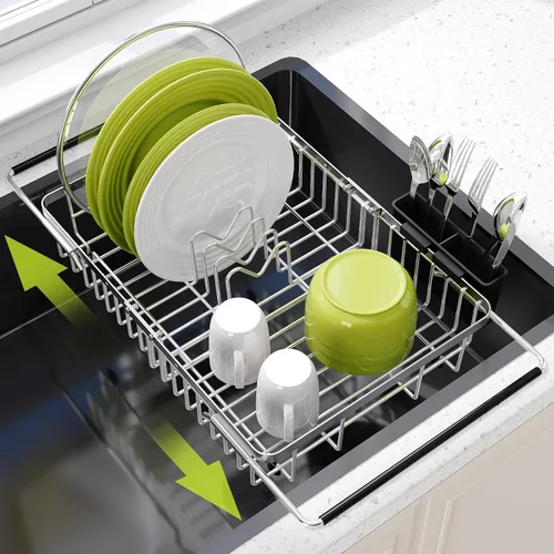 Vista 19 de JASIWAY - Escurridor de platos para fregadero, colador de acero inoxidable con asas de goma extensibles para verduras, frutas, artículos esenciales