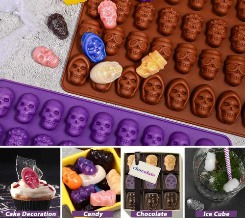 Vista 2 de Webake Mini Molde de Caramelo de Calavera con 4 Formas Diferentes, Molde de Silicona para Dulces y Chocolate con Calavera de Halloween de 36