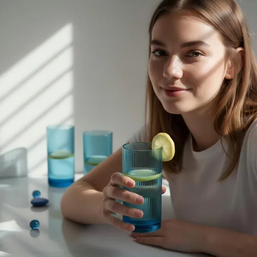 Vista 4 de Physkoa Juego de 6 vasos de bebida acanalados azules – Cristalería con relieve vintage, vasos gruesos y duraderos para agua, jugo, cócteles, café