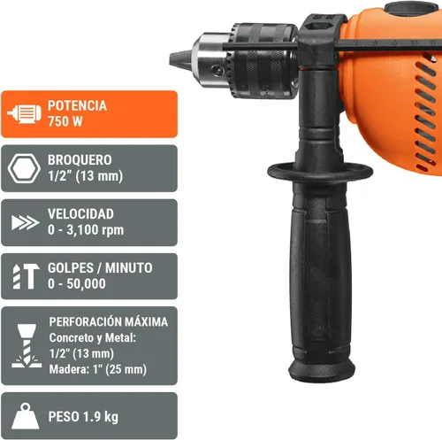 Vista 4 de Truper Taladro de martillo rotatorio profesional de 1/2" 700W, 110V, 5A, naranja