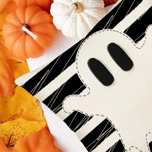 Vista 5 de Funda de almohada de fantasma de Halloween de 16 x 16 pulgadas, rayas blancas y negras con espeluznantes fundas de almohada de lino y algodón
