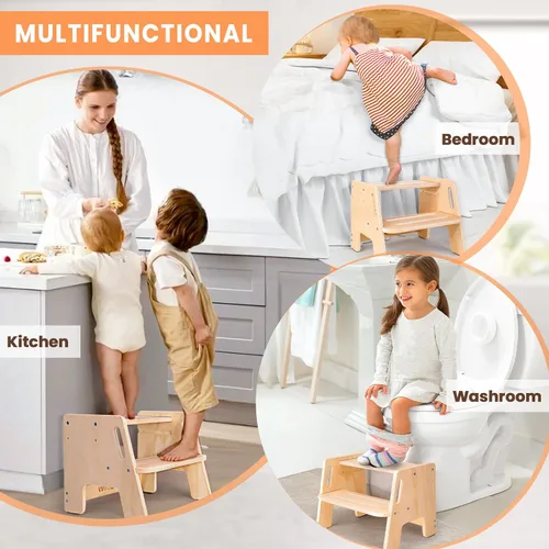 Vista 8 de Taburete para niños pequeños, taburete de madera ajustable en altura de 2 pasos para niños, taburete para entrenamiento del orinal con asas