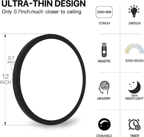 Vista 2 de Lámpara de techo LED regulable con control remoto, 24 W, 2640 lúmenes, 12 pulgadas, luz nocturna cálida de 2000 K y 3000 K-6500 K, moderna lámpara