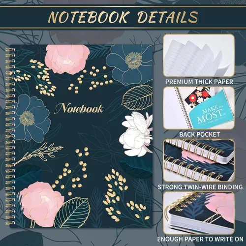Vista 4 de Cuaderno rayado - Diario rayado, 8.5 x 10.5 pulgadas, cuaderno en espiral con 110 páginas (55 hojas), papel grueso, bolsillo trasero, perfecto