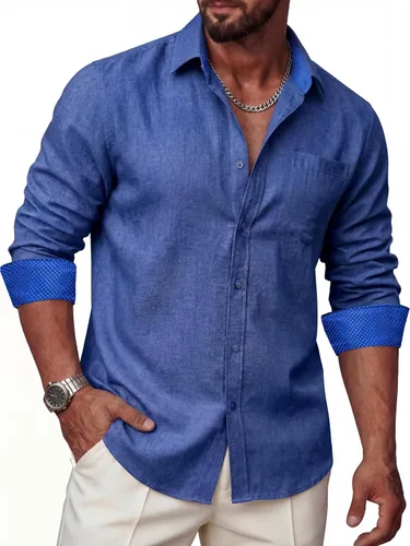 Vista 9 de Camisas de lino para hombre, casual, de manga larga, con botones, ajuste regular, cuello en contraste, con bolsillo
