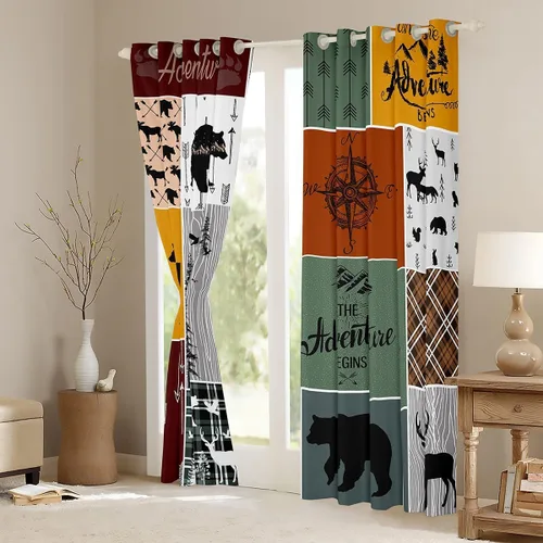 Vista 3 de Cortinas rústicas retro de cabaña, cortinas opacas de oso ciervo, 38 pulgadas de ancho x 45 pulgadas de largo, 2 paneles, cortinas de caza