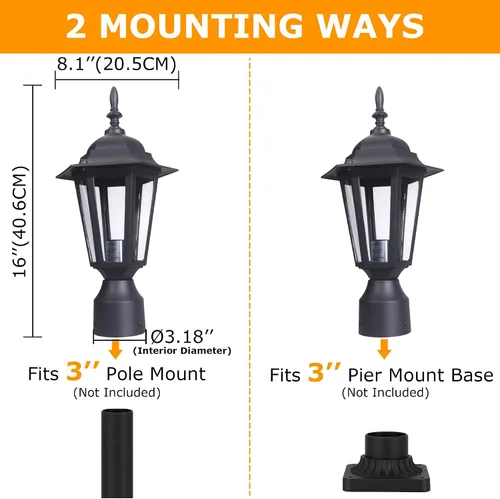 Vista 3 de LIT-PaTH Lámpara de poste para exteriores de 16 pulgadas, farol de poste exterior con vidrio transparente, iluminación de poste de aluminio cableado