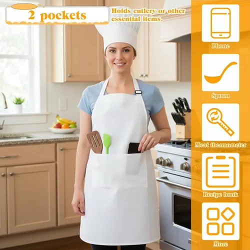 Vista 4 de Tucnoeu Sombrero de chef blanco y delantal para hombres y mujeres, disfraz de chef con 2 bolsillos, disfraz de chef para adultos para cocina