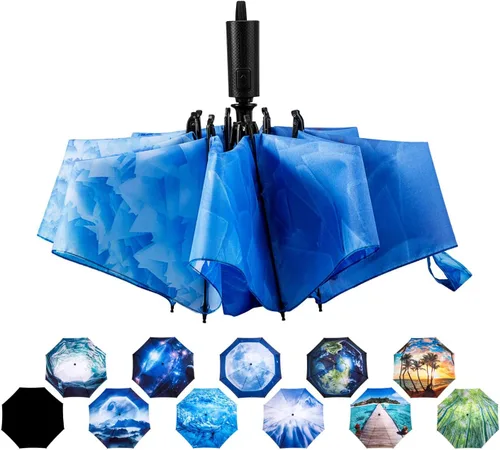 Vista 14 de LANBRELLA Paraguas plegable inverso compacto paraguas de viaje a prueba de viento automático