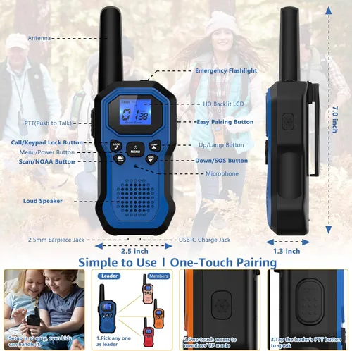 Vista 4 de Radios de 2 vías para adultos Walkie Talkies de largo alcance para niños, recargable, paquete de 4, camping, senderismo, esquí, equipo de crucero