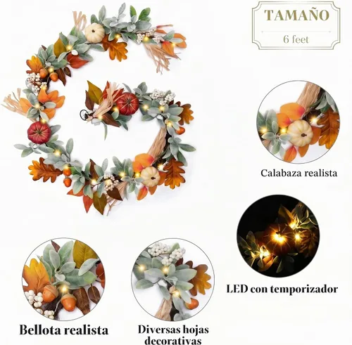 Vista 5 de Valery Madelyn Guirnalda de Otoño para Repisa de Chimenea, Guirnalda de Hojas de Oreja de Cordero de 6 pies con Luces, Calabazas Marrones, Centro