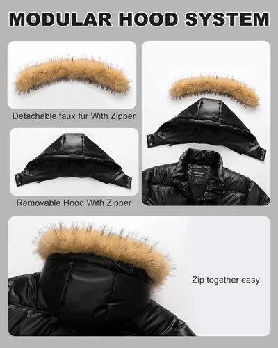 Vista 7 de Chaqueta acolchada para hombre, abrigo de invierno con capucha de piel, impermeable y resistente al viento, forro polar, 4 bolsillos