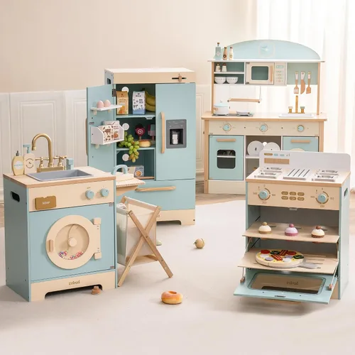 Vista 8 de ROBUD Juego de cocina de madera, juego de cocina de juguete para niños con diseño realista, utensilios, máquina de hielo, nevera, horno, lavadora